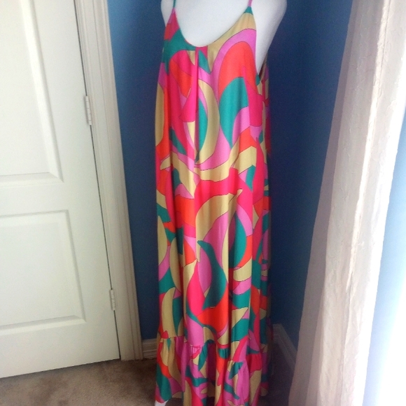 Cezele Maxi Dress in Blue, Yellow, Orange and Pink with Artistic Swirls. - Picture 1 of 6